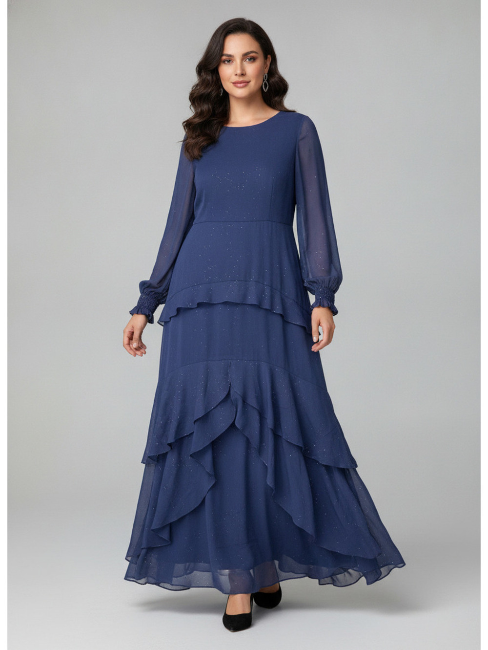 Elegant Navy Blue Long Sleeve Maxi Dress with Ruffle Details
